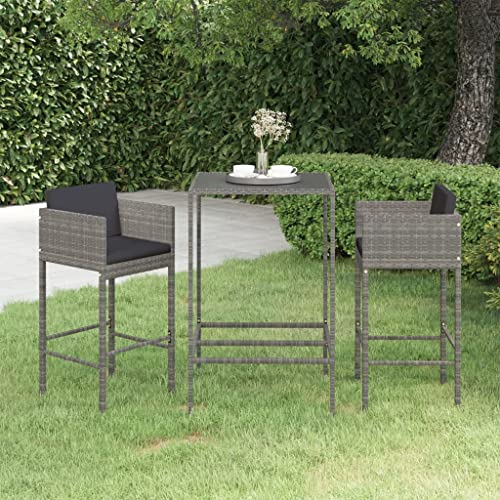 YNGBHFNOP Ensemble de Bar Jardin 3 Pièces Gris avec Coussins, Table et Tabourets Hauteur Comptoir en Résine Tressée Résistante aux Intempéries pour...