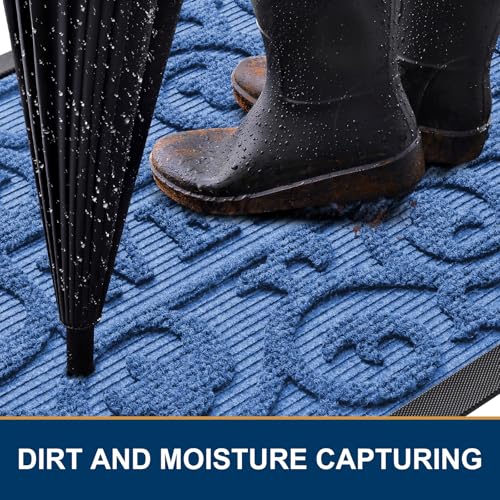Image of Smiry Welcome Door Mat Outside Entrance, Heavy Duty Trap Dirt and Moisture Easy Clean Low Profile Patio Porch Indoor Outdoor Front Doormat for Entry, 35x23 Inch, Blue