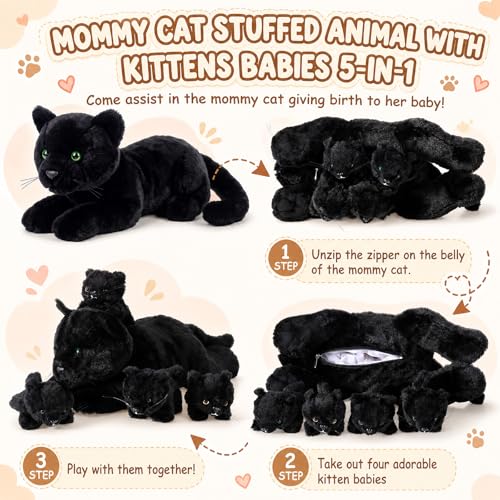 Image of Skylety 5 Pieces Cat Stuffed Animal with Babies Inside Belly Plush Cat Pregnant Mommy Kitty with 4 Cute Fluffy Stuffed Kittens Christmas Birthday Surprise Gifts(Dark Black)