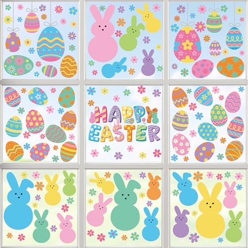Image of 9 Sheets Easter Window Clings, 152PCS Double Sided Easter Party Clings for Glass Windows with Bunny Egg Flower, Reusable Happy Eggs Bunny Window Decals Stickers for Home Office Decorations