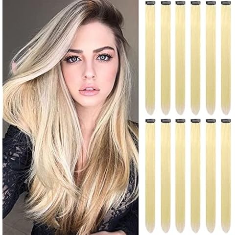 GPOVVIMX 12 PCS Blonde Hair Extensions Clip in, Colored Party Highlights Extension for Kids Girls Synthetic Hairpiece Straight 22 inch Cover
