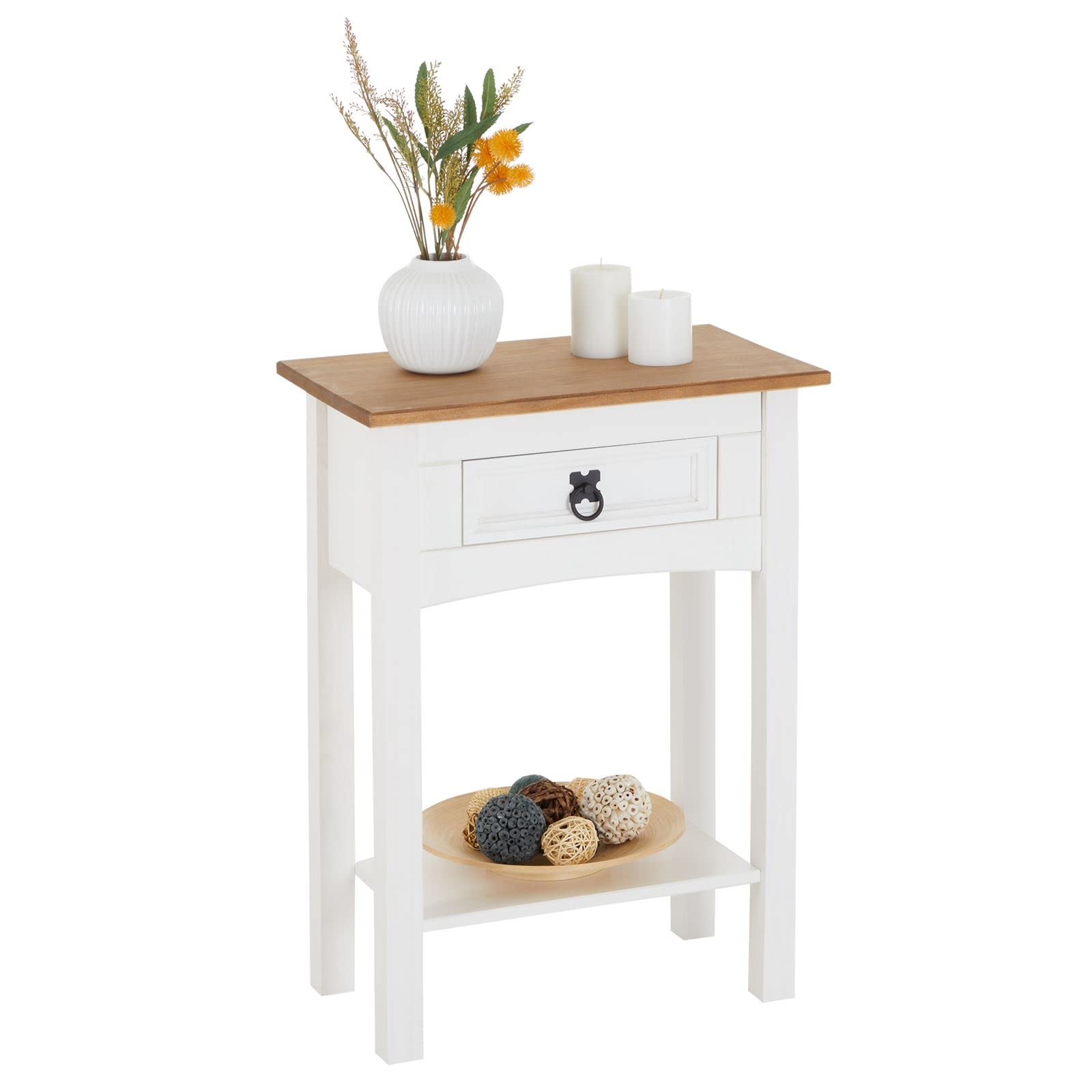 CARO-Möbel Konsolentisch Campo im Mexiko Stil, Kleiner Beistelltisch aus massiver Kiefer mit 1 Schublade, Anrichte in weiß/braun