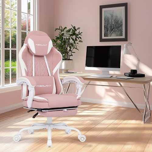 Image of Misolant Gaming Chair, Fabric Gamer Chair with footrest for Adults, High Back Ergonomic Computer Game Chair with Adjustable Headrest and Massage Lumbar Support, 90-155 Recline Free, Pink