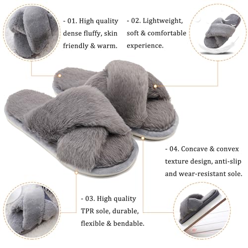 sharllen Women's Fuzzy Cross Band Slippers Open Toe Cozy Plush Furry Ladies Slippers Comfy Memory Foam Slides Slippers with Arch Support Fluffy House Slippers Home Bedroom Indoor Outdoor2