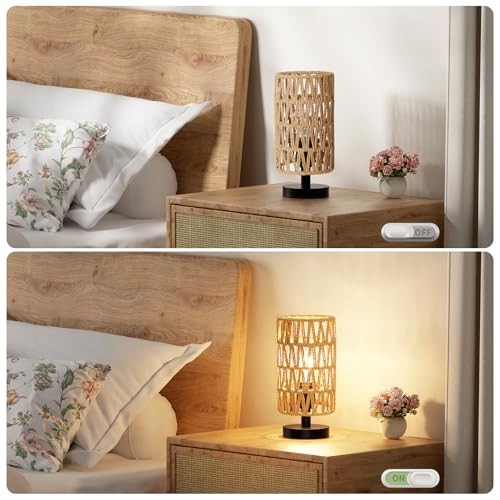 Image of Fenmzee Small Table Lamp for Bedroom - Inline Control, Bedside Lamp with 3000K A15 LED Blub, Easy Assembly(Rattan Rope Shade-Black Base,9 inch Inline Control)