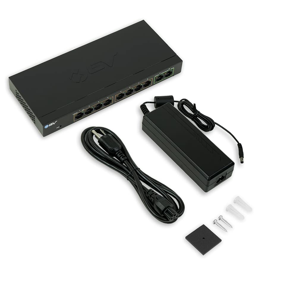 BV -Tech Commutateur Gigabit PoE+ 10 Ports (8 Ports PoE+ Gigabit avec 2 Gigabit Uplink) - 96 W - 802.3af/at, fabriqué à Taiwan, Conforme à la NDAA