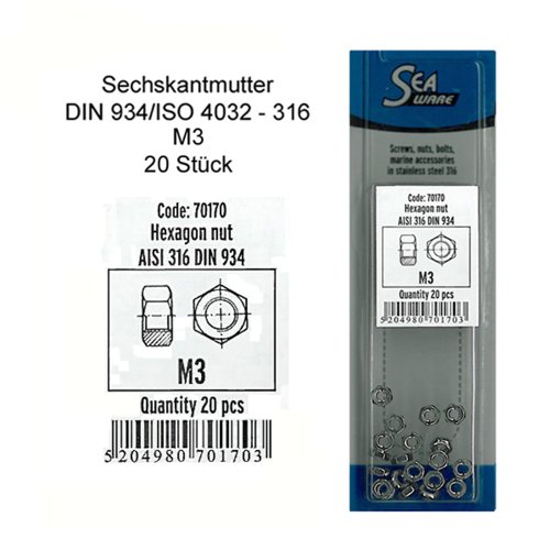 Nirosta Sechskantmutter DIN 934/ISO 4032 - Inox 316 M 3 20 Stück