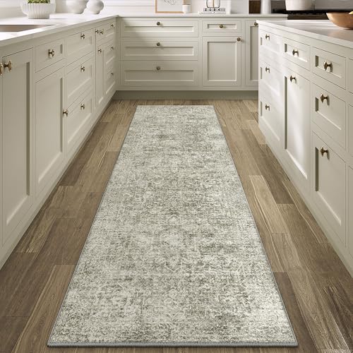 2x8 Runner Rug Washable Vintage Neutral Indoor Hallway Carpet Non Slip Taupe Bedroom Low Pile Kitchen Distressed Long Retro Accent Throw Rug for Bathroom Dining Laundry Living Room