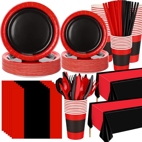 Funnymoom 452 Pcs Red and Black Party Decorations Red and Black Paper Plates Cups Napkins Tablecloth Cutlery Straws Baby Shower Wedding Birthdays Party Supplies 50 Guests