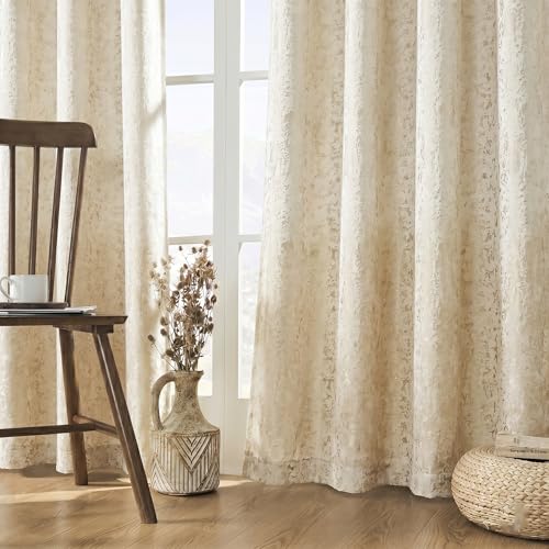 Image of IVAZA Premium Velvet Burnout Pattern 70% Blackout Opaque Curtains - Thermal Insulated, Heavy Blackout Opaques, Room Darkening Curtain for Door 8 Feet Pack of 2 Cream Burnout