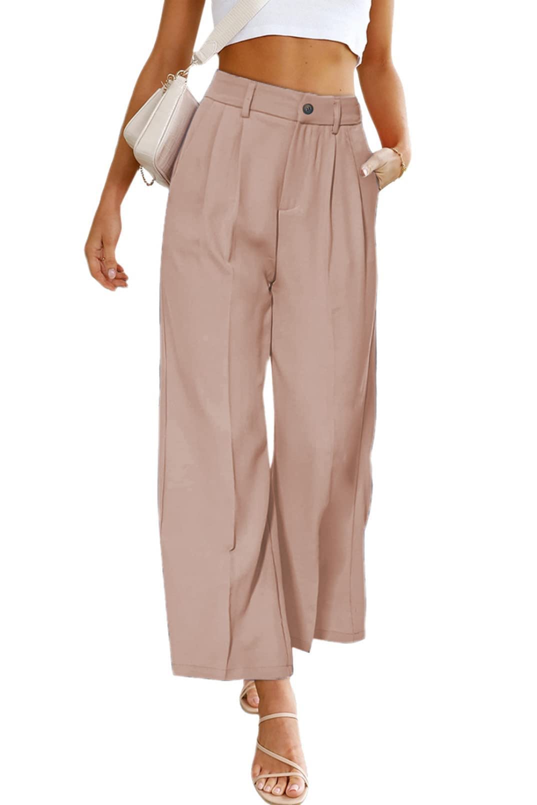 Womens High Waisted Wide Leg Pants Casual Button Up Straight Leg Business Work Trousers
