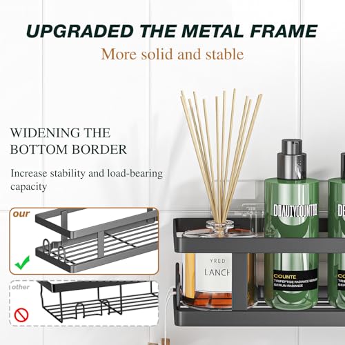 Adhesive Shower Caddy,Shower Shelves with Soap Holder and 12 Hooks,Rustproof No Drilling Bathroom Organizer and Storage,Black,3 Pack - Image 4