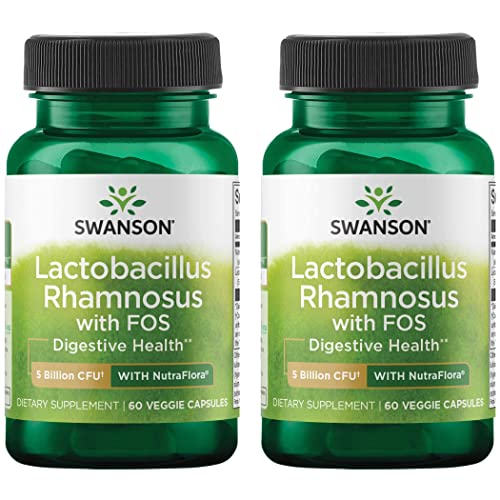 Swanson Lactobacillus Rhamnosus with FOS - Probiotic Supplement Supports Digestive Health - 5 Billion CFU - Promotes GI Tract Health During Travel - (60 Veggie Caps) 2 Pack