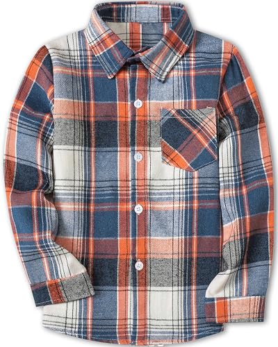SANGTREE Mens Long Sleeve Flannel Shirt Button Down Plaid Shirts Orange Blue, XL