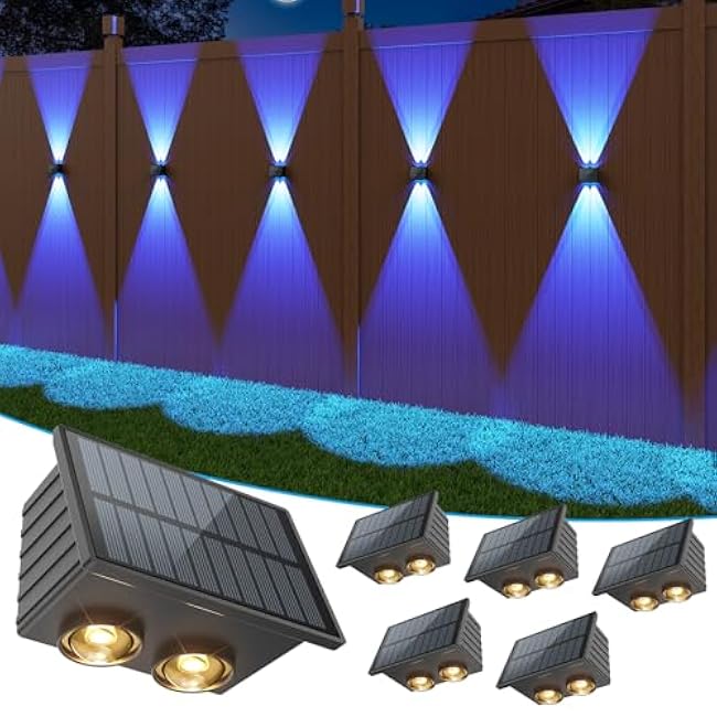VOLISUN Solar Fence Lights 6 Pack, Color Glow LED Up and Down Wall Lights, IP65 Waterproof Solar Lights Outdoor for Patio, Backyard, Railing, Deck, Fence and Wall (4 Lenses)