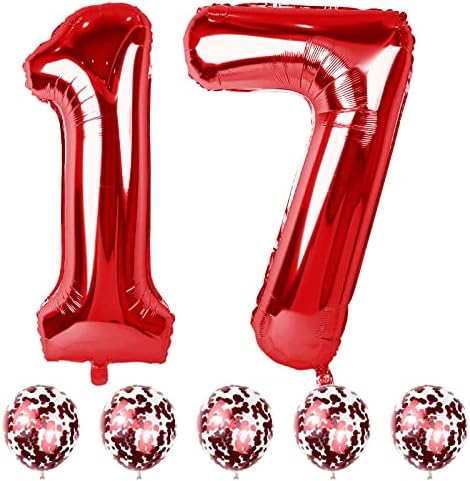 40 Inch Number 17 Foil Balloons, Large Red 17th 71st Birthday Digit Balloons with Confetti Helium Balloons, Number 1 & 7 Helium Balloons Self Inflating for Boys Girls Anniversary Party Decorations