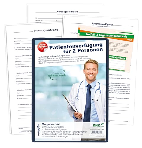 RNKVERLAG - Patientenverfügungen für 2 Person, in einer hochwertiger Mappe, mit Betreuungsverfügung, Vorsorgevollmacht in zweifacher Ausführung, inkl. Meldesatz für das Vorsorgeregister, 1 Stück