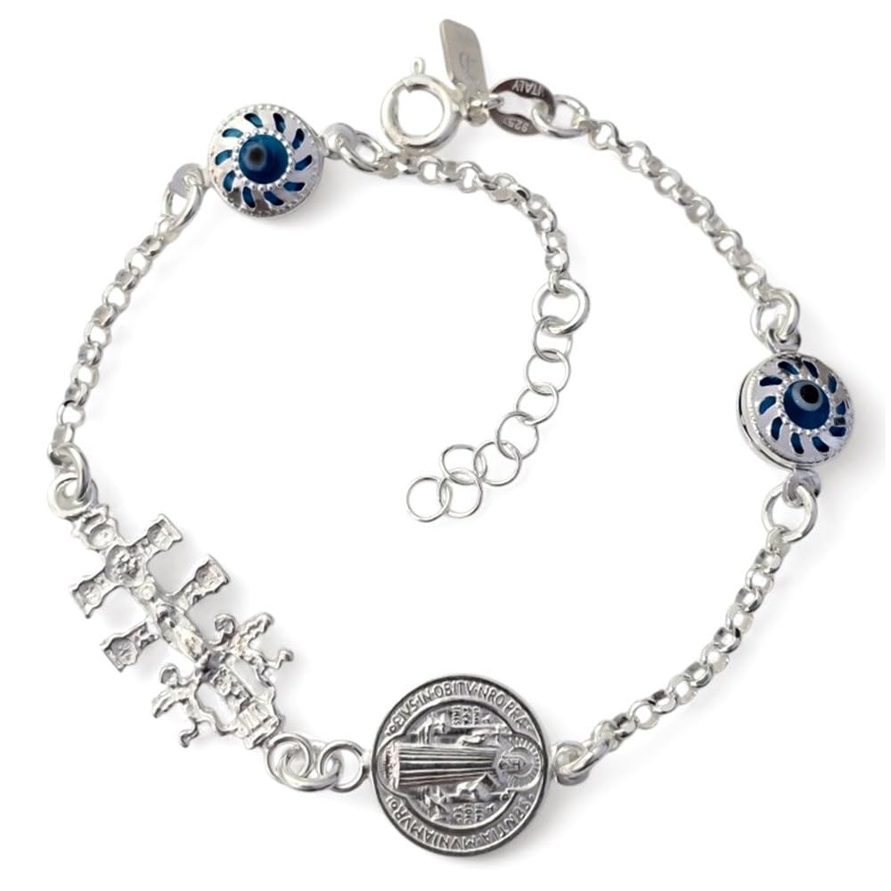 Pulsera Plata Ley 925m de 18cm. Cruz Caravaca 20mm. medalla San Benito 12mm. Ojo Turco 8mm.