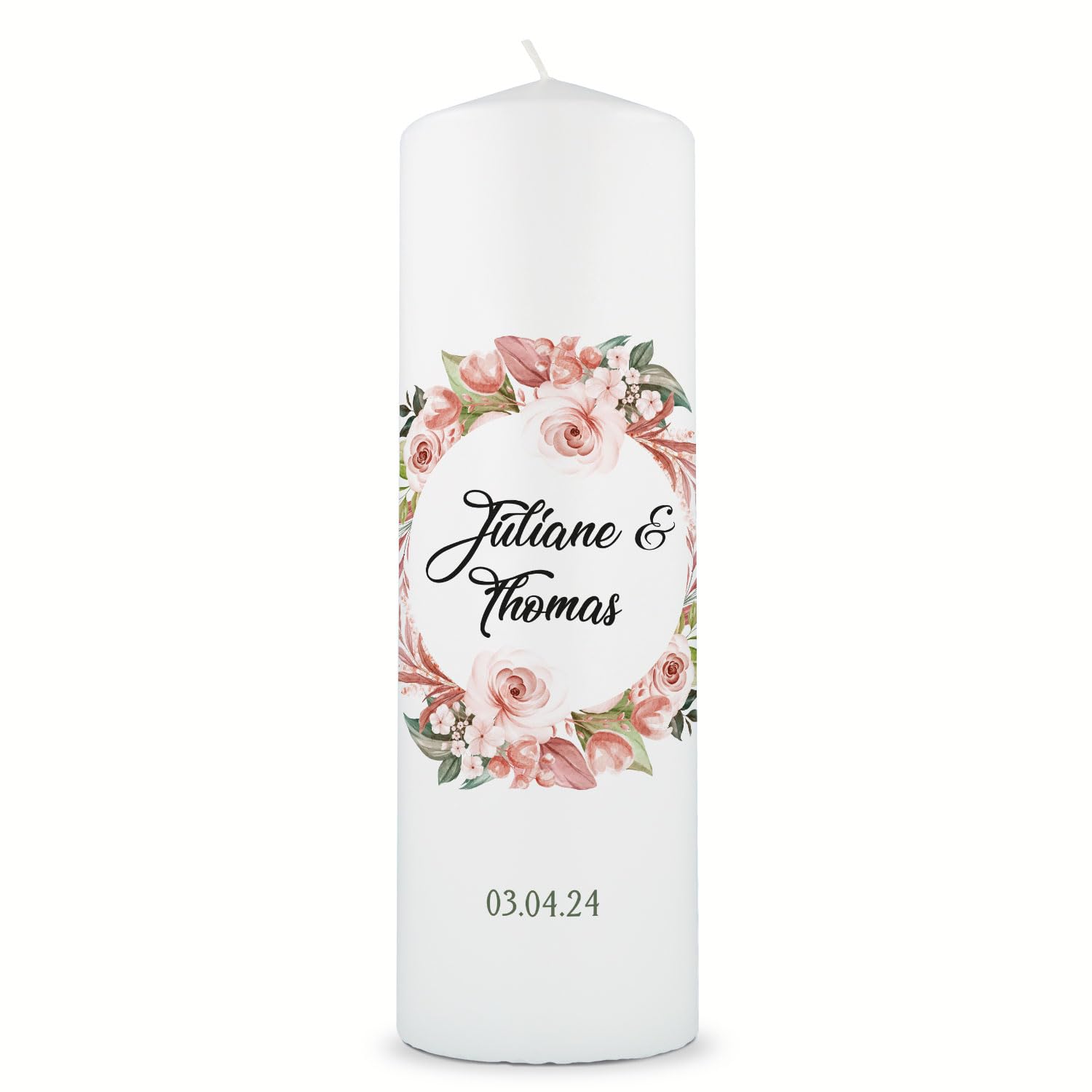 Vela nupcial con nombre, fecha y texto a elegir, diseño floral blanco, 8 cm x 25 cm (diámetro x altura), regalo de boda a los novios