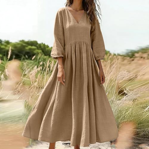 Robe décontractée coton et lin anti-chaleur col en V - 2