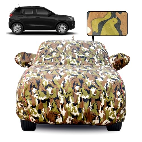 Image of Waterproof Car Body Cover for Mahindra XUV 300 with Mirror Pocket, Soft Cotton Lining, Triple Stitched, Full Bottom Elastic (Heat Resistant Jungle Print with Red Piping)