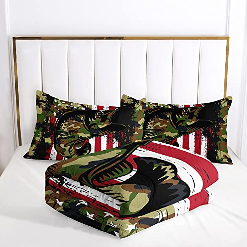 Suncloris Striped Bass Fish Comforter, Camouflage American Flag Bedding Bedspread For Girls Boys Teens, Red Geometry Stripes Quilt Bedroom Decor With 2 Pillow Cases (03, Queen) #TOP2
