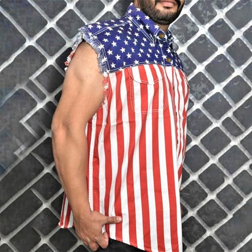 Image of Men's Denim Loose Fit Biker Vest Sleeveless Jacket Summer Retro Lapel American Flag Jean Jacket Shirt