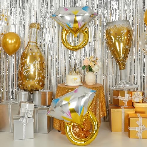 Image of Gold Glitter Ring Bachelorette Party Balloons, Gold Champagne Bottle Balloons Diamond Ring Foil Balloon for Bachelorette Engagement Wedding Bridal Shower Celebration Anniversary Party Decorations