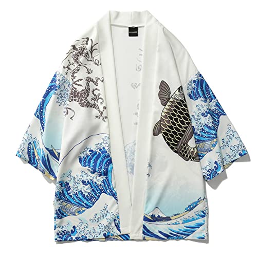 Men Japanese Aesthetic Kimono Cardigan, Harajuku Beachwear The Great Wave Off Kangawa Haori Noragi Vintage Short Sleeve Tops