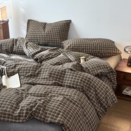 Image of EAVD Vintage Style Dark Grey Gingham Plaid Duvet Cover Twin 100% Washed Cotton Like Linen Feel Soft 3-Piece Grid Plaid Bedding Set with 2 Pillowcases Reversible Geometric Duvet Cover with Zipper
