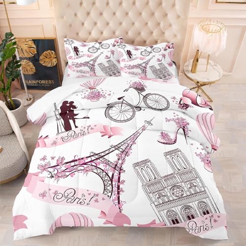 kxry Eiffel Tower Bedding Set Queen Size Paris Comforter for Girls Women French Style Couple Pink Flower Quilted Duvet 1 Comforter + 2 Pillow Cases