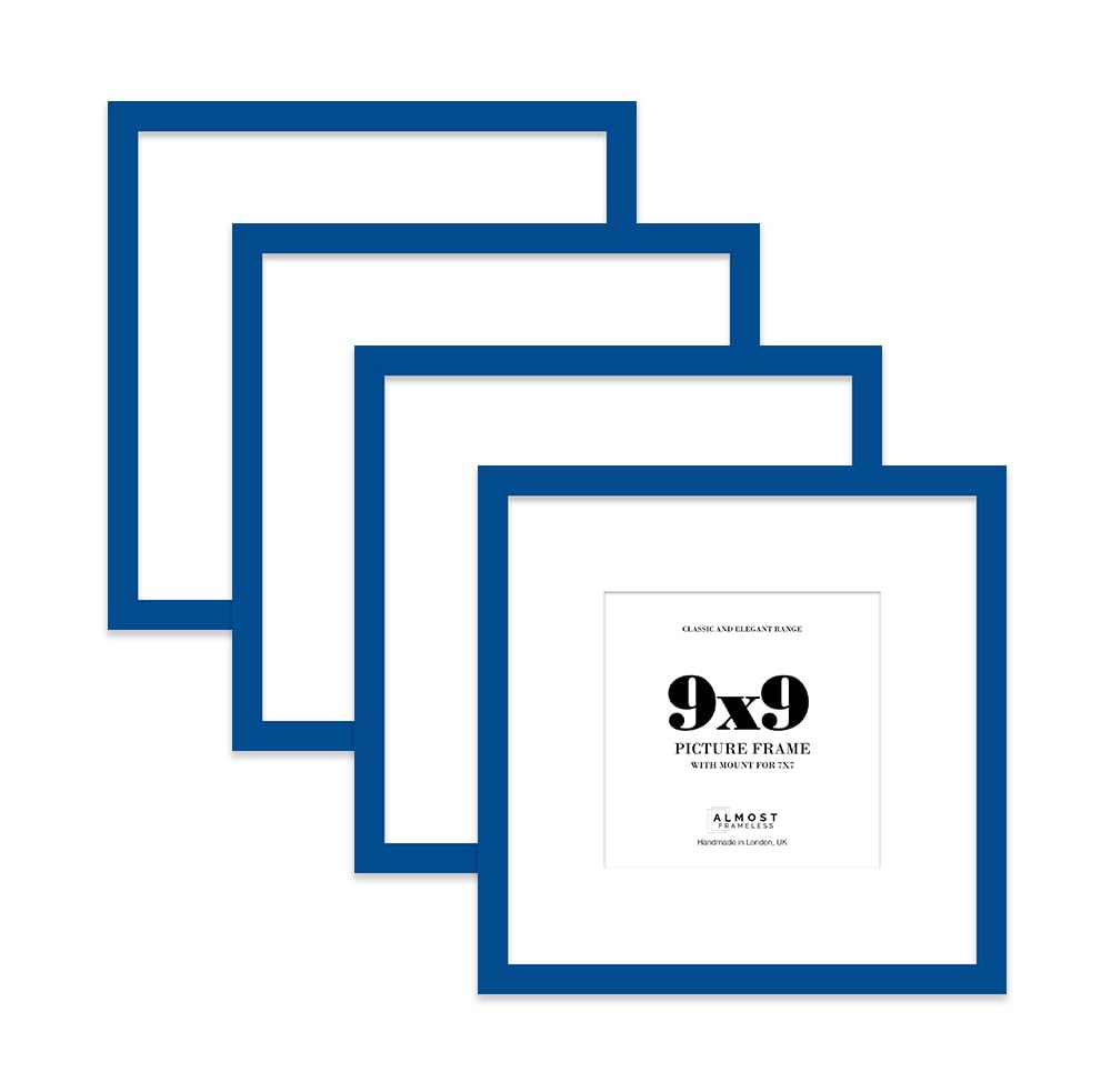 9x9 Blue Picture Frame with Mount for 7x7 Photos, Prints - Modern Square Wall Frame, Set of 4