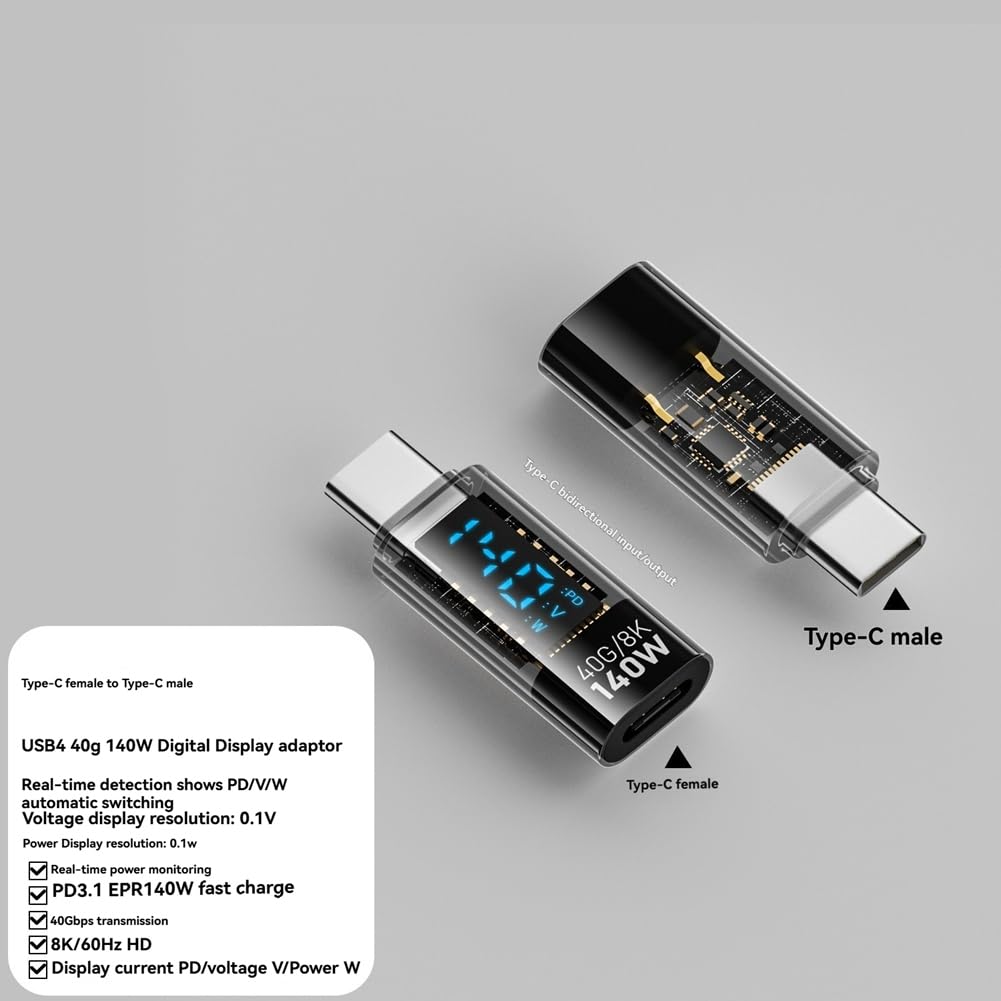 Adapter USB C z Wyświetlaczem LED 140 w 40 Gb/S 8K Rozszerzenie USB C PD3.1 Złącze C Miernik C Czarny