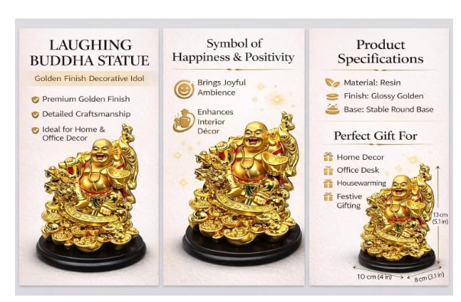 Image of POOMEE Luxury Golden Laughing Buddha Statue for Home and Office Decor Premium Glossy Finish Resin Feng Shui Buddha Idol for Wealth Happiness Prosperity with Stable Base 13 cm