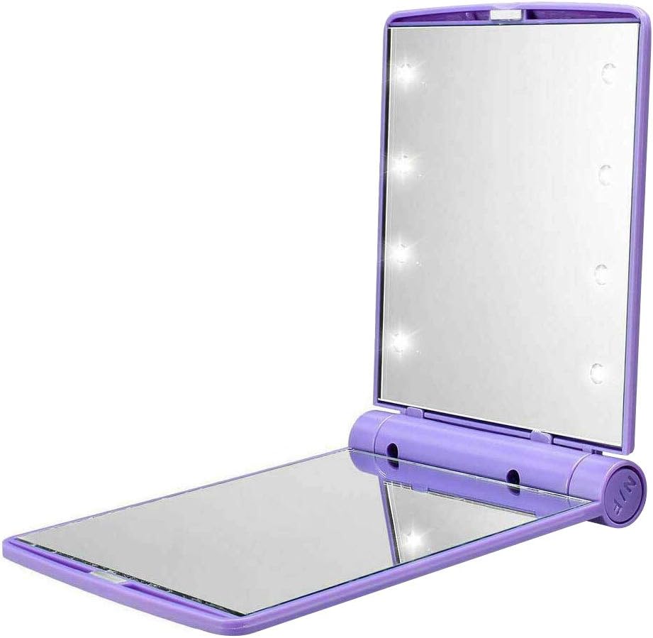 Travel Mirror, Mpowtech Portable LED Lighted Makeup Mirror with 8 Led Lights, Folding Compact Mirror Perfect for Purse, Pocket and Travel (Purple)