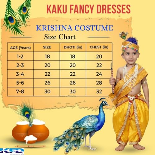 Image of Kaku Fancy Dresses Krishna Costume With Dhoti For Boy /Janmashtami /Bal Gopal Dress /Kanha Costume /Bal Krishna /Mythological Costume For Boy - Yellow-Red, 1-2 Years