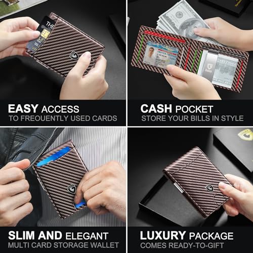 GSOIAX Slim Wallet for Men with Money Clip, Minimalist Leather RFID Blocking Bifold Small Thin Front Pocket Carbon Fiber Men's Wallet,11 Credit Card Slots Holder with Gift Box (Carbon Coffee)4