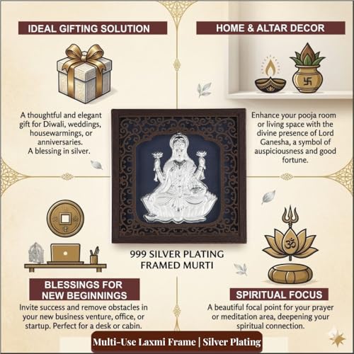 Image of Silver Plating Laxmi Frame | Divine Home Decor | Wall Mount Square PhotoFrame for Gift, Wooden SquarePhoto for Temple | hangingframe (6.50 inch x 6.50 inch Inch)