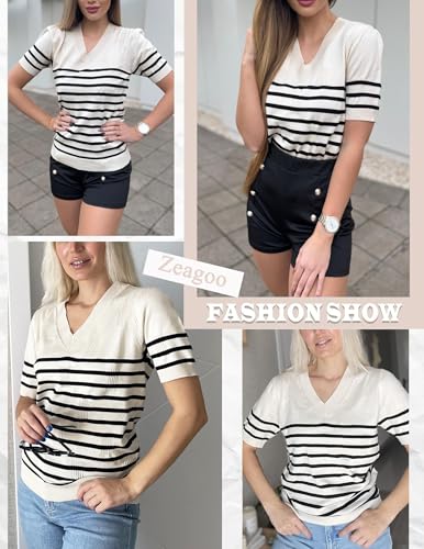 Image of Zeagoo Womens Short Sleeve Sweaters Soft Casual V Neck Pullover Tops Lightweight Knit Sweater Blouse