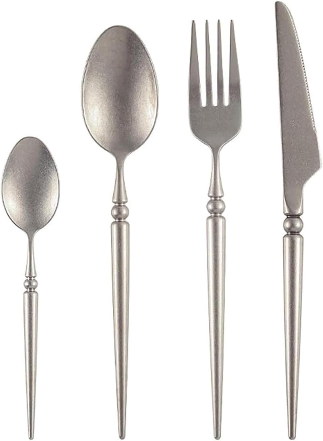 Vintage Matte Silver Stainless Steel Flatware Set Service, Retro Design Cutlery with Decorative Matte Silverware Set Stainless Steel Forged Flatware Cutlery Set Classic Elegant Tableware