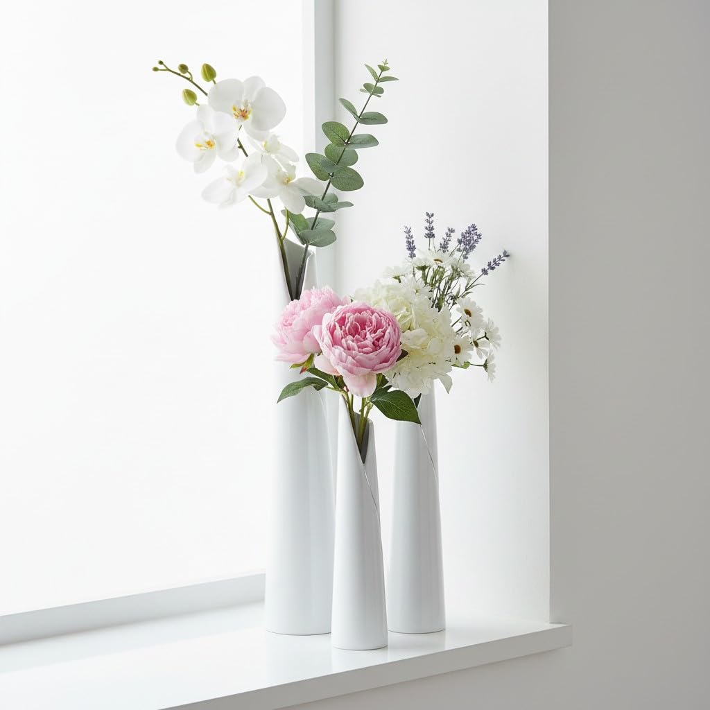 Vasen 3er Set - Keramik Vase Weiß, Modern, Minimalistisch - Deko Vasen für Pampasgras und Blumen, Handgefertigte Blumenvase, 30-50cm hoch