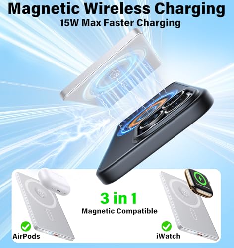 Image of 3-in-1 5000mAh for Magsafe Power Bank Thin Slim 22.5W Fast Charging Type C Magnetic Battery Pack Powerbank for Travel, Mini Wireless Portable Charger for iPhone 17 16 15 14 13 12 Watch Android, Grey
