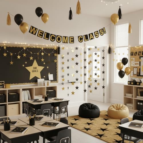 Image of Patelai Glitter Star Garland Banner 2026 Party Decoration Double Side Star Hanging String Streamer Paper Twinkle for Graduation Wedding Birthday(Gold and Black,130 Feet)