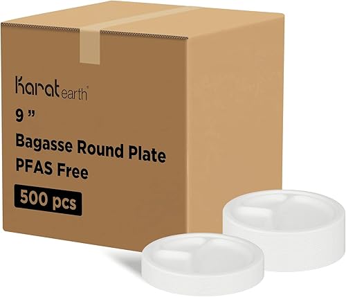 KARAT EARTH KE-BPR09-3CFF- Platos redondos compostables sin PFAS de 9 pulgadas 3 compartimentos 500 unidades