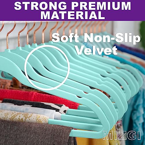 Image of MIZGI Premium Velvet Hangers (50 Pack) Heavy Duty - Non Slip Felt Hangers - Aqua Blue - Rose Gold Hooks,Space Saving Clothes Hangers,Durable Strong Hangers for Suits,Coats