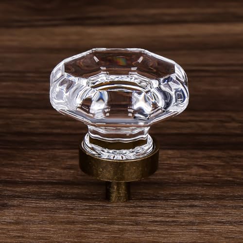 HIEMEY Vintage Glass Crystal Dresser Cabinet Knobs Antique Brass, Octagon
