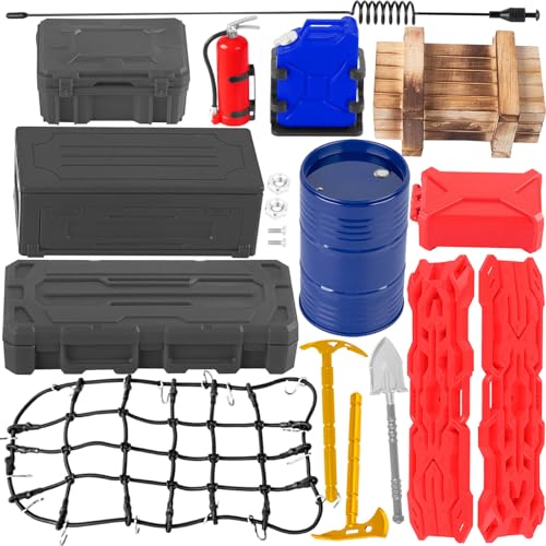 BRCatWPark RC Crawler Car Decoration Upgrades Part for 1/10 Trx4 Trx6 SCX10 GEN 7/8,15 Pcs RC Crawler Car roof Decoration Net/Box/Tank/rcBoard/Toolbox/rc Shovel Axe/rc Antennas,Blue