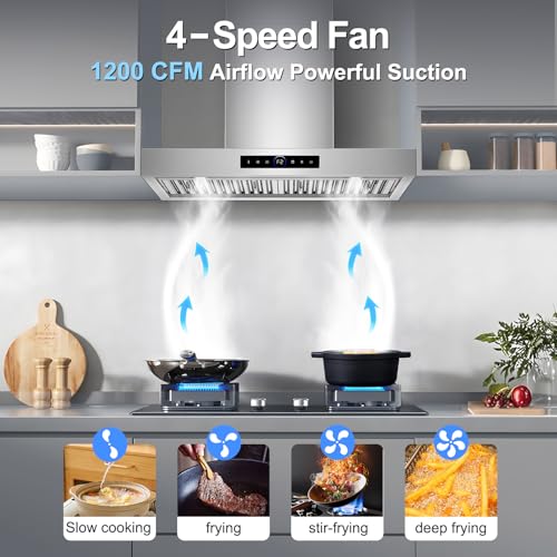 Image of 30 inch Wall Mount Range Hood, 1200 CFM with 4-Speed Gesture Sensing & Touch Control, Stainless Steel Ducted Kitchen Stove Vent Hoods with 2 LED Lights, Time Setting, Dishwasher-Safe Baffle Filters