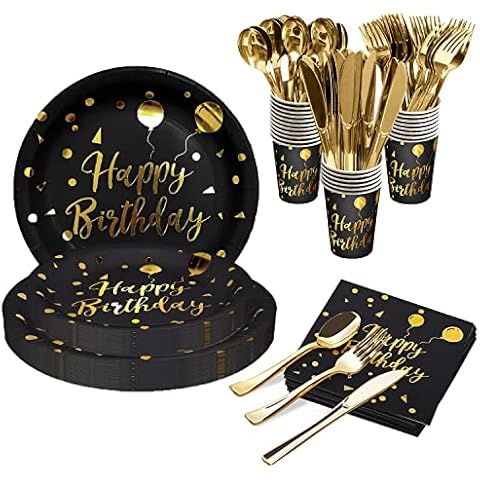 175PCS Black and Gold Party Supplies Set, Happy Birthday Party Tableware Dinnerware Set - Paper Plates Napkins Cups, Reusable Gold Plated Forks Knives Spoons for Birthday, Baby Shower (25 Guest) Cover