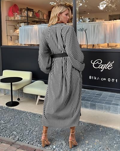 Shirt Dresses for Women 2025 Striped Fall Long Sleeve V Neck Midi Dress Loose Business Casual Shirtdress with Belt2